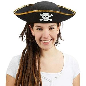 Relaxdays piratenhoed, driepunts hoed voor carnaval, met doodshoofd, one size, voor kinderen, volwassenen, piraat, zwart