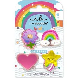invisibobble Clipstar Kids Happy World Haarspelden voor kinderen, 4 stuks, regenboog-, ster-, hart- en bloemendesign, antislip haarclips voor gezond haar, perfect voor meisjes