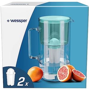 Wessper Crystalline Filterkan 2,5 l waterkaraf, set van waterglas met 2 stuks Aqua Classic waterfilter, compatibel met Brita Classic, Dafi Classic, grijs