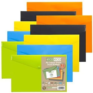 eco-eco A5 50% gerecycleerd diverse kleuren Press Stud Popper portemonnee, plastic mappen (Pack van 10), groen, zwart, blauw, geel, oranje, eco075x2