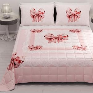 PETTI Artigiani Italiani - Sprei voor Frans bed, 220 x 260 cm, 100 g/m², dubbelzijdig, voor Frans bed, licht dekbed, roze strik, 100% Made in Italy