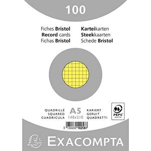 Exacompta - Ref 10258E - Bristol Squared Record Cards (Pack van 100) - A5 in grootte, 205gsm kaart, compatibel met printers - Geschikt voor examenrevisie en notities - Geel