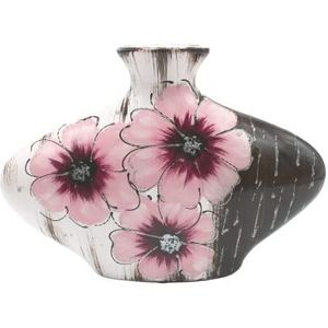 Ovale keramische vaas met bloemendecor, zwart-roze, handwerk, grootte L/B/H ca. 7 x 30 x 20 cm