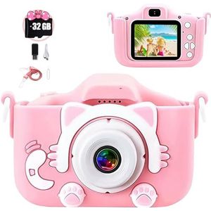Digitale camera voor kinderen, 2,0 inch scherm, HD dual lens, digitale videocamera's met zachte siliconen cartoonhoes, kindercamera, selfie, fototoestel voor kinderen vanaf 4, 5, 6, 7, 8 jaar (roze)