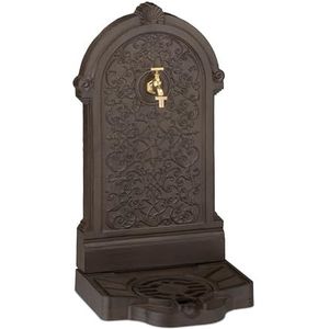 Relaxdays muurfontein met kraan - 73 x 39 x 32 cm - antiek design - tuin - terras - putje - staand - bruin