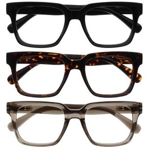 OPULIZE ERA Blauwlichtfilterbril Dames/Heren - Transparante Lenzen - Ontspiegeld - 3 Stuks - UV400 - groot rechthoekig montuur - computerbril gaming - Zwart Bruin Grijs - +0.00