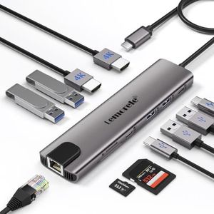 Docking Station USB C Hub Dubbele HDMI- 11 in 1, Lemorele USB C Docking Station 2 HDMI Adapter 4K, 1000M Ethernet, 4 USB 3.0/2.0, Type-C Data 3.0, PD 100W, SD/TF, USB C HDMI met Windows, Macbook, Dell