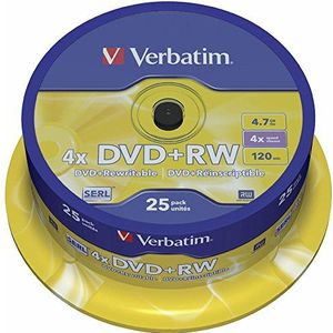 Verbatim DVD + RW 4,7 GB - 4x brandsnelheid, lange levensduur, krasbescherming, 25 Pack Spindle