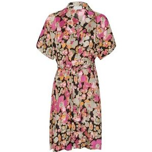 KAFFE Damesshirt met kraag, V-hals, riem, korte mouwen, knielang, dames, Roze Meloen Blurry Bloem, 36