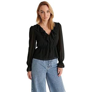 NA-KD Dames Frill V-hals chiffon blouses, zwart, 46