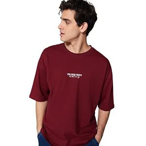 Trendyol Heren oversized basic geweven T-shirt met ronde hals, bordeauxrood, L, Bordeaux, L