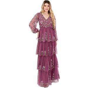 Maya Deluxe Maxi-jurk voor dames, V-hals, lange blouson mouwen, bloemen, pailletten, versierd, A-lijn, gelaagde rok, tule, sleutelgatrug, dames, Roze., 30 NL