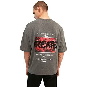 Trendyol Heren antraciet mannen oversized bedrukt T-shirt met korte mouwen, antraciet, klein