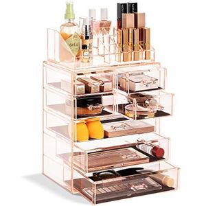 Sorbus transparante make up organizer, cosmetica en sieraden opbergdoos met 3 grote en 4 kleine lades, ideaal voor kaptafel, badkamer of aanrecht [roze]