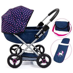 Bayer Design 12754AA Cosy poppenwagen met kussen, deken, tas, babypop wandelwagen, blauw, roze, eenhoorn