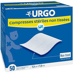Urgo - Steriele kompressen – vliesstof – doos met 50 zakken met elk 2 kompressen – 7,5 cm x 7,5 cm