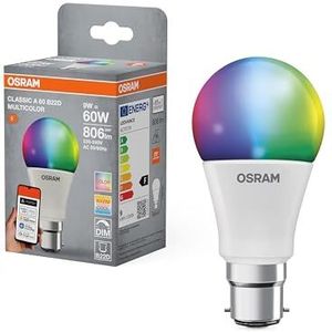 OSRAM SMART+ RGBW, B22d LED-lamp met Matter over Wifi, speciaal ontworpen voor ALEXA - eenvoudige installatie met één klik, vervangt 60W, warm wit tot koel wit (2700-6500K), RGB-kleuren, 1-pack