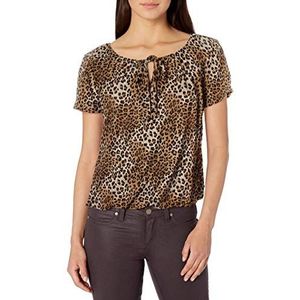 Star Vixen Women's Short Sleeve Keyhole-tie Peasant Top Bubble Hem Blouse, Leopard Print, L