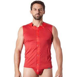 Look Me LM807-77REDS T-shirt, rood, voor heren, satijn, met strepen in leer/rug met transparant