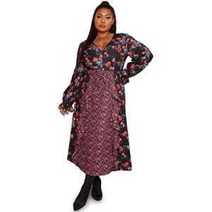 Chi Chi London Plus Size Lange Mouw Plunge Bloemen Gedrukt Midi Zwart, Zwart, 52 grote maten