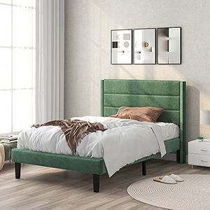 Merax Gestoffeerd eenpersoonsbed, 90 x 200 cm, bedframe, lattenbodem, hoofdeinde, fluweel, basisstijl, voor volwassenen en jongeren, zonder matras, groen