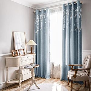 Melodieux Bloem borduurwerk linnen verduisterende blauwe gordijnen voor woonkamer slaapkamer doorvoertule raamgordijn, witte bloem, 132 bij 213 cm (1 paneel)