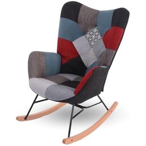 MEUBLE COSY Schommelstoel, schommelstoel, relaxstoel, stoel met armleuningen en gevoerde zitting voor woonkamer, slaapkamer, metalen frame en houten sokkel, stof patchwork, hout, 71x85x99cm