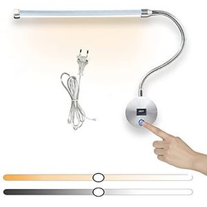 VOMI 6W LED leeslamp wandmontage wandlamp binnen met schakelaar, zilveren bedlamp touch dimbare wandlamp met USB-oplaadpoort, 360° flexibele zwanenhals lamp bed wandverlichting met kabel