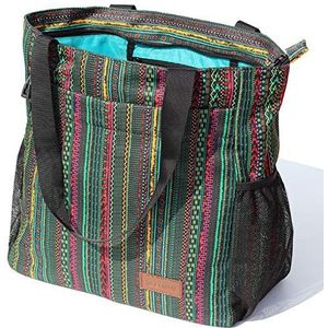 ESVAN Originele Floral Tote Bag Grote schoudertas met meerdere zakken voor gym, reizen, strand, dagelijkse tassen, Groene strepen, Eén Maat