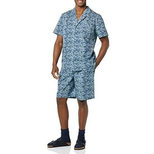Amazon Essentials Lichtgewicht geweven korte pyjamaset voor heren, marineblauw palmblad, XX-Small