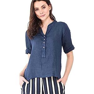 Bonateks, Tunesische kraag blouse met kanten inzetstuk en lange opsteekbare mouwen, 100% linnen, De-maat: 42, Amerikaanse maat: XL, tops, marine - Made in Italy, blauw, 42