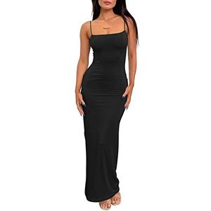 LILLUSORY Dames Zomer Casual Slip Jurken Spaghetti Strap Bodycon Maxi Jurk, Zwart, M