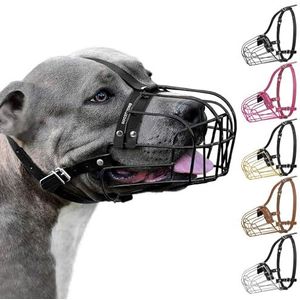 BRONZEDOG Pitbull hondenmuilkorf metalen masker, Amstaff draadmand, pitbull verstelbare lederen banden voor grote honden (zwart)