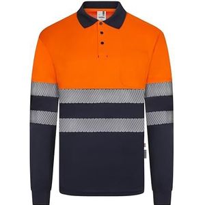 VELILLA 305535; poloshirt van gerecycled polyester, tweekleurig, lange mouwen, segmentband, marineblauw en neonoranje, maat 3XL, marineblauw en neonoranje, 3XL