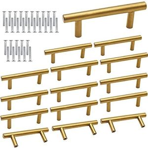 NC RVS T-stanghandvat, DBAILY 15 stuks kast trekt herbruikbare keukendeurgrepen geborsteld stalen ladeknoppen voor kastmeubels (10 x 64 x 100 mm) (gouden)