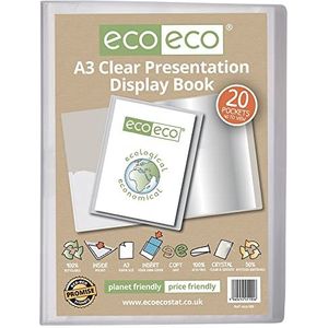 eco-eco A3 Maat 50% Gerecycleerd 20 Pocket Clear Presentatie Display Book, Opbergkoffer Portfolio Art Folder met Plastic Sleeves, eco100