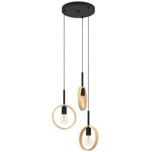 EGLO Hanglamp Ipsden, 3-lichts pendellamp minimalistisch, eettafellamp van hout in natuurlijke kleur en zwart metaal, lamp hangend voor woonkamer, E27 fitting