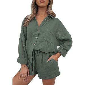 AUTOMET 2 Stuk Outfits Voor Vrouwen Lounge Sets Pyjama Sets Lange Mouw Button Down Oversized Shirts En Shorts Herfst Trainingspak, 01armygroen, S