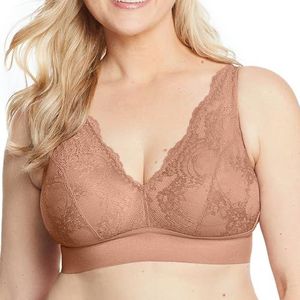 Glamorise Dames kant Plunge bralette Wirefree #7013 BH met volledige afdekking, cappuccino, 85E, cappuccino, 85E