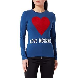 Love Moschino Dames nauwsluitende pasvorm lange mouwen Maxi Heart met geborduurde Flock Sequins en Water Print Logo T-shirt, blauw, 46