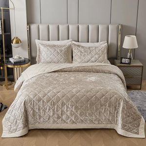 LUCKYBULL Champagne Koreaanse fluwelen dekbedovertrekset King XL maat (264 x 244 cm), 3 stuks luxe getextureerde zachte sprei met 2 kussenslopen, omkeerbare dekbedovertrekset voor het hele seizoen