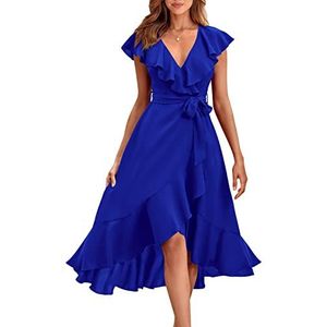 PRETTYGARDEN Dames 2024 Zomer Wrap Midi Jurk Casual Boho Diepe V-hals Korte Mouw Ruche Zoom Split Strand Lange Jurken, Blauw, M