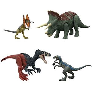 Mattel Jurassic World Dominion Instinctieve Overlevers Dinosaurus Starterset, Brullende Roofdieren Megaraptor en Pteranodon, Blue en Dilophosaurus, digitaal spelen, vanaf 4 jaar HJJ85
