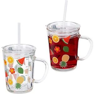 Relaxdays drinkglazen set van 2, vruchten design, limonadeglazen voor kinderen, rietje en deksel, 400 ml, transparant