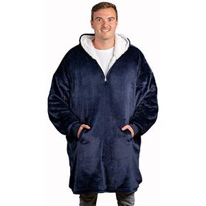 The Big Softy® Dekenhoody, extra grote hoodydeken, sherpa en fleece, draagbaar, voor dames en heren, comfortabele en zachte capuchondekens, Donkerblauw, one size