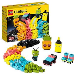 LEGO 11027 Classic Creatief Spelen met neon Opbergdoos met Stenen in Felle Kleuren, Speelgoed Auto, Ananas, Alien en Rolschaatsen Figuurtjes voor Kinderen vanaf 5 Jaar, Cadeau-Idee