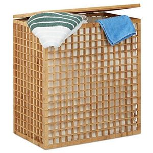 Relaxdays bamboe wasmand - hoekige wasbox - 2 vakken - Mand - 96 liter - 62 x 56 x 35 cm