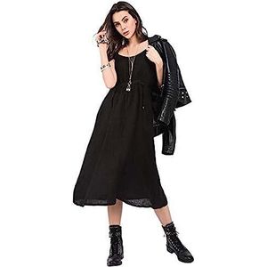 Bonateks, Lange, vaste jurk met veters aan de voorkant en zakken, 100% linnen, DE-maat: 42 US maat: XL, zwart - Made in Italy, zwart, 42