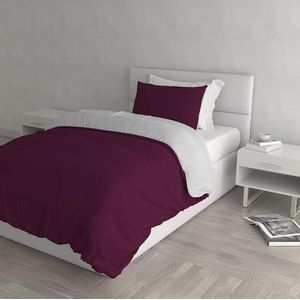 Italian Bed Linen Natuurlijke kleur Dekbedovertrek Set met Doubleface Effen Kleur Tas Sheet en Kussensloop, 100% Katoen, Pruim/Lichtgrijs, enkel