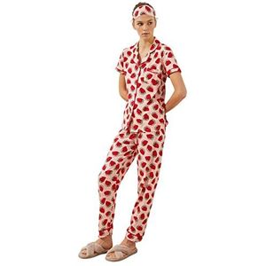 Trendyol Dames tropische midden gebreide shirt-broek pyjama set, roze, XS
